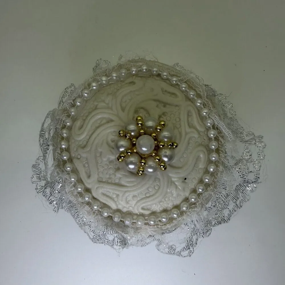 Handmade Ceramic Ring Box Trinket Engagement Wedding Embroidery Lace Pearls
